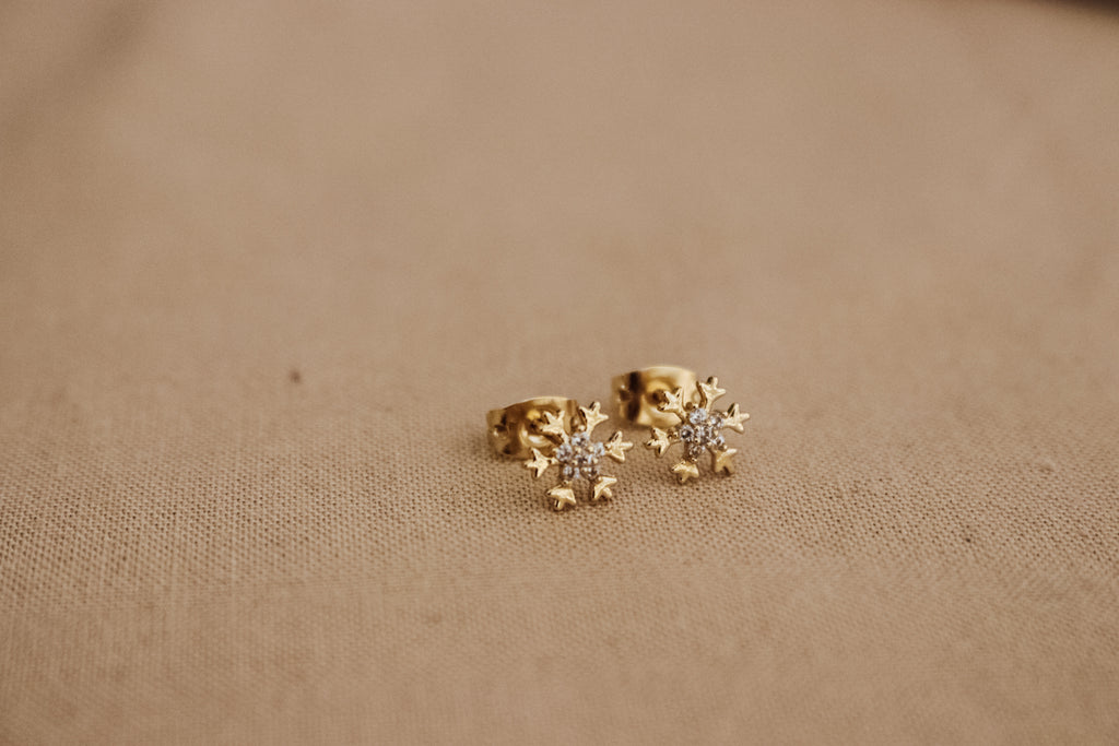 Snowflake Stud Earrings - Gold Minimalist Earrings, Dainty Studs