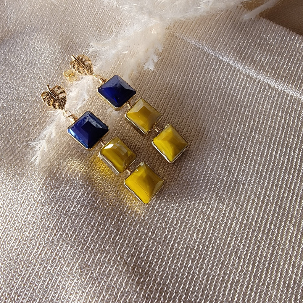 Drop square earrings, Crystal Drop earrings, Summer Earrings - Blue and Yellow Dangle Earrings | Drop Earrings