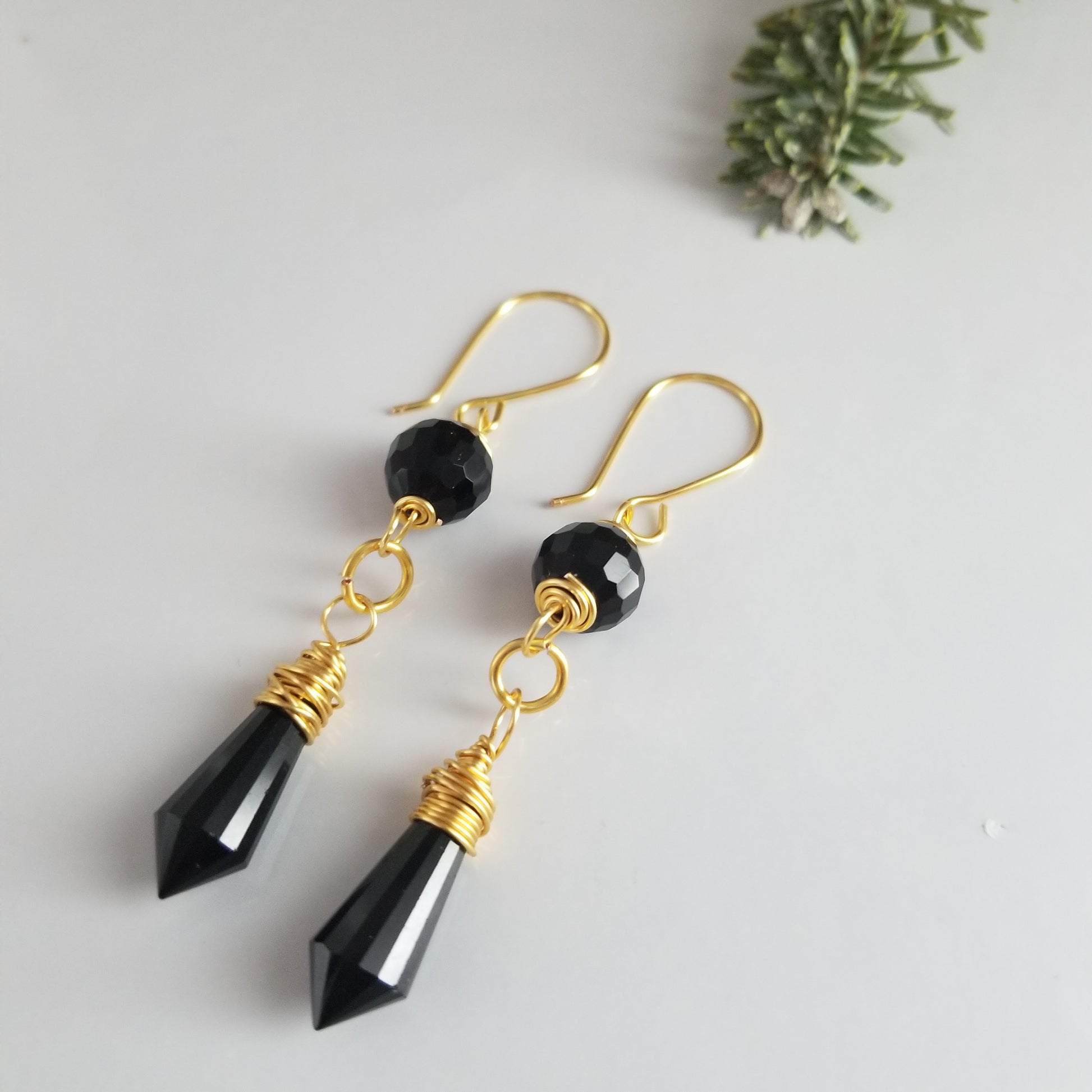 Black Drop Earrings - Gold Filled Dangle Earrings for Women