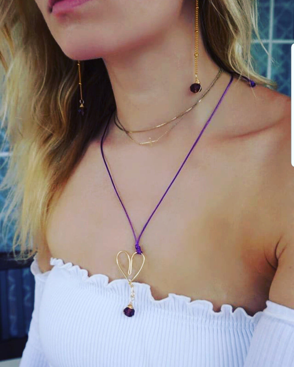 Set necklace & Bracelet - Gold Heart Charm Pendant , Bohemian Style