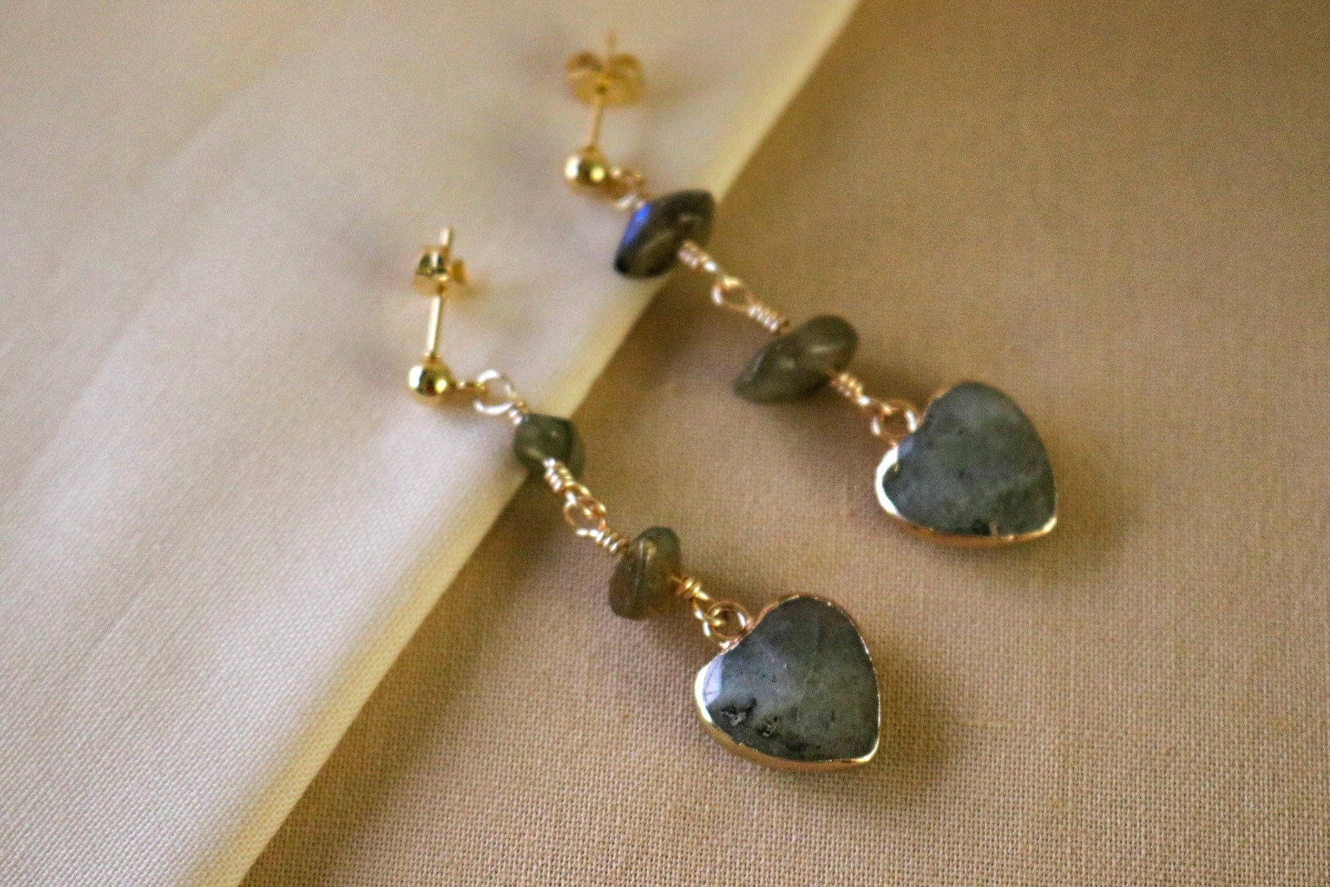 Labradorite Heart Earrings - Gold Drop Earrings, Elegant Jewelry