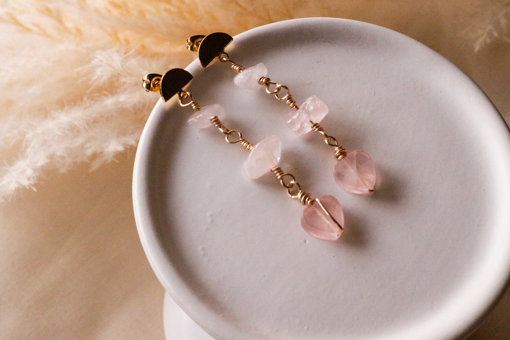 Rose Quartz Earrings - Pink Gemstone Drop Earrings, Dangle Style