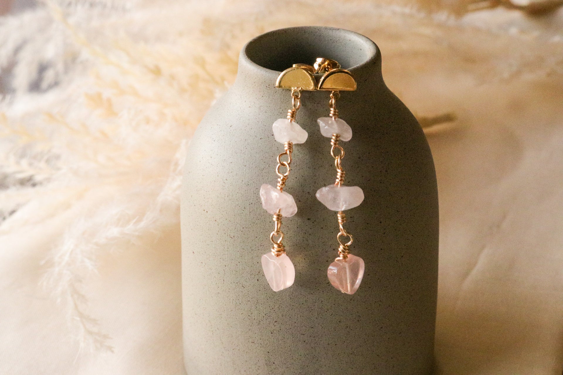Rose Quartz Earrings - Pink Gemstone Drop Earrings, Dangle Style