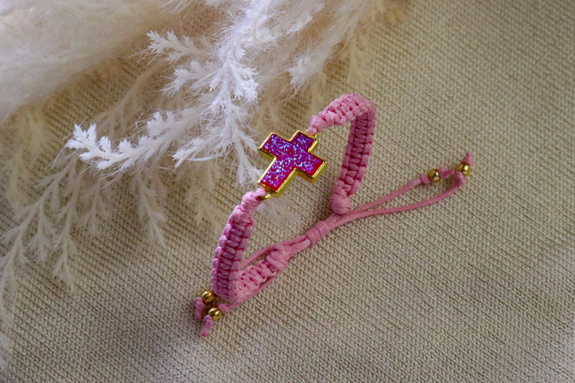 Cross Bracelet - Pink Macrame Charm Bracelet, Friendship Bracelet
