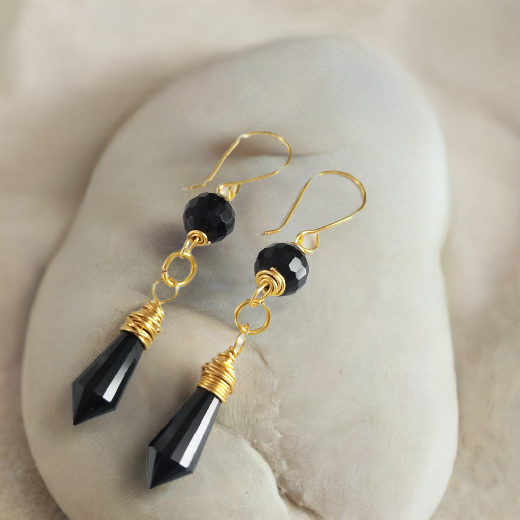 Black Drop Earrings - Gold Filled Dangle Earrings for Women
