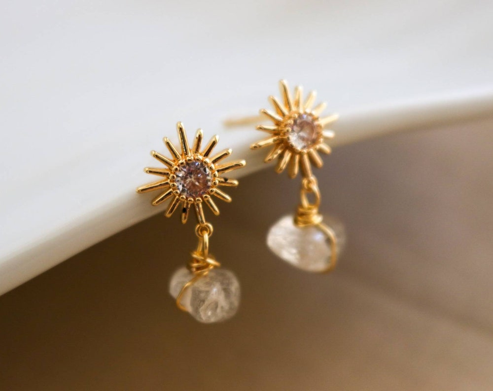 Sun Star Earrings - Gold Stud Earrings with Quartz | Dainty Drop Earrings