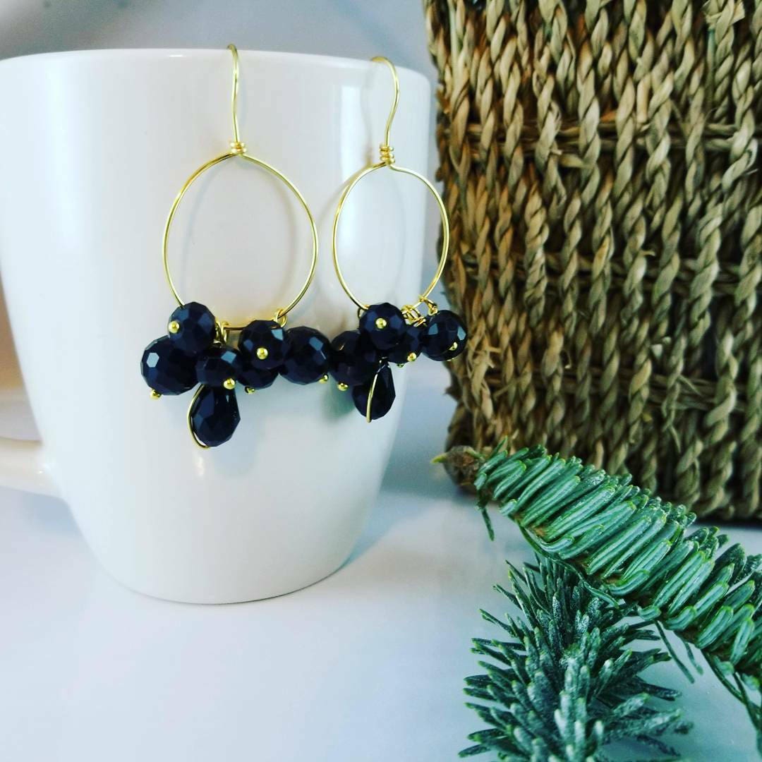 Black Crystal hoop earrings, Charm hoops, Huggie hoop earrings with charm, Thin gold hoop earrings, Thin hoop earrings,Crystal hoop earrings