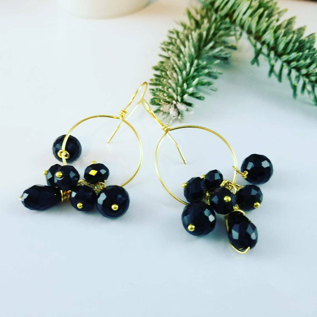 Black Crystal hoop earrings, Charm hoops, Huggie hoop earrings with charm, Thin gold hoop earrings, Thin hoop earrings,Crystal hoop earrings