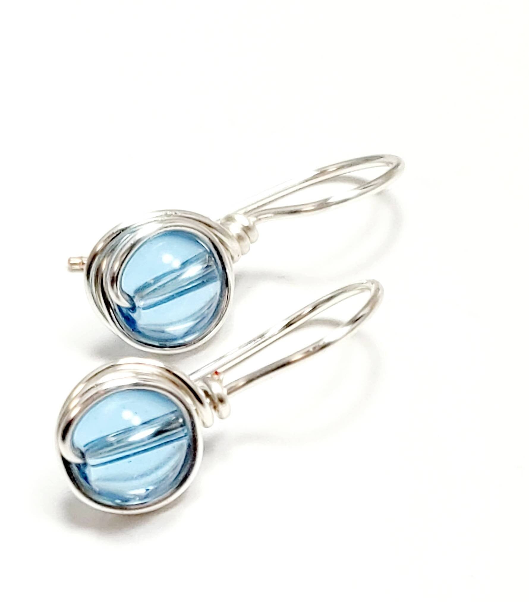 Blue Drop Earrings, Silver Wire Wrapped Blue Dangle Earrings, Simple Wedding Earrings, Something Blue Earrings, Crystal Blue Earrings