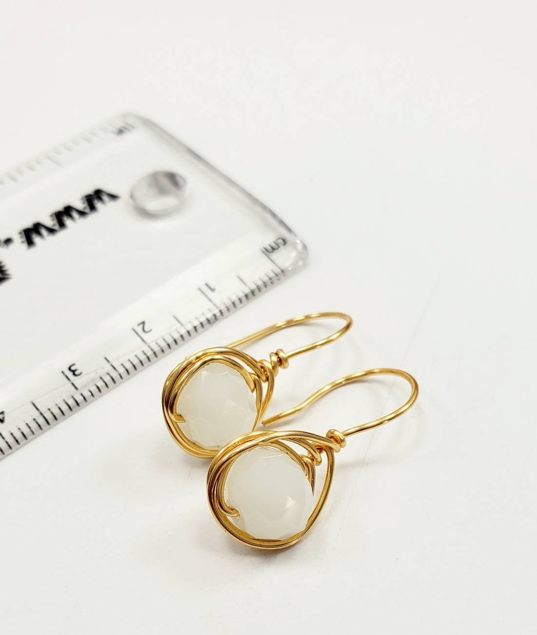 Small white drop crystal earrings, Tiny drop earrings, Gold filled wire wrapped earrings, Cute minimal earrings, Huggie earrings, Asymmetrical earrings