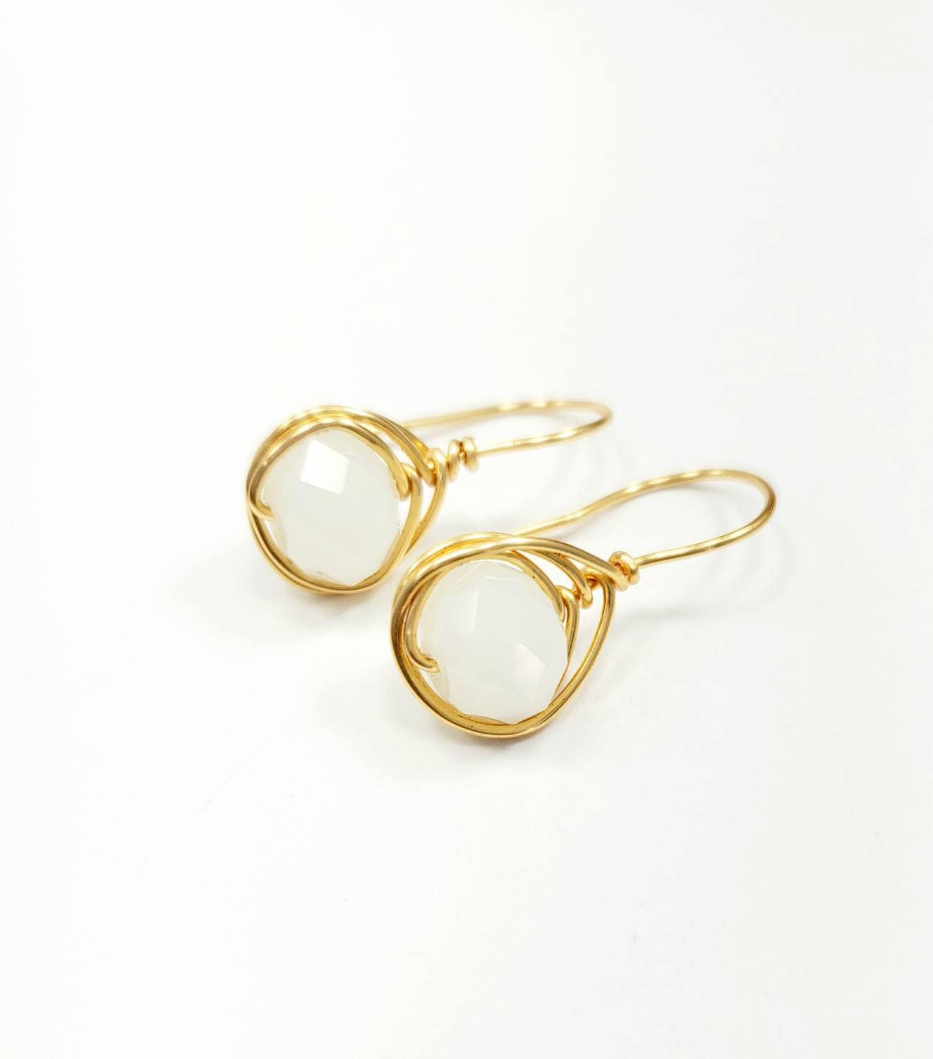 Small white drop crystal earrings, Tiny drop earrings, Gold filled wire wrapped earrings, Cute minimal earrings, Huggie earrings, Asymmetrical earrings