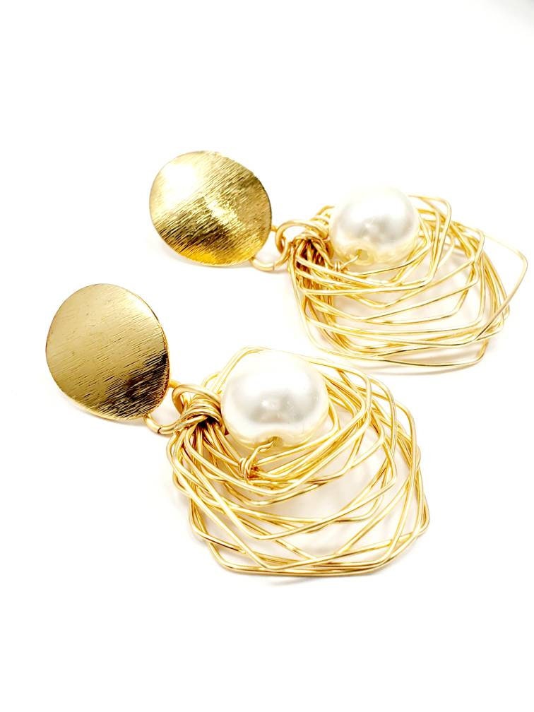 Pearl earring drops, Geometric earrings, Large pearl drop earrings, wired earring, women gifted earring, mothers days gifted, gifted pearl