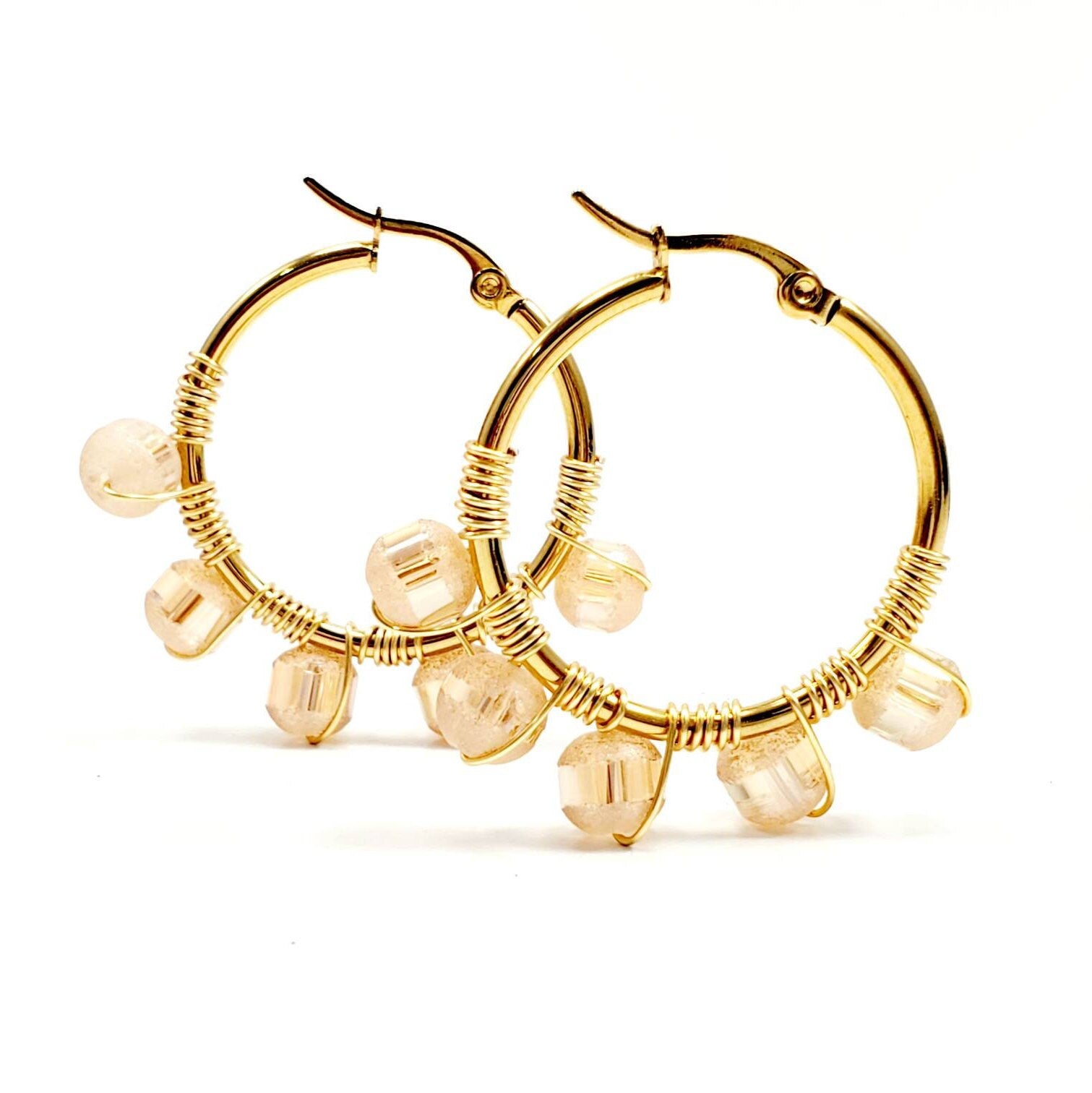 PEACH Crystal hoop earrings, Chunky hoop earrings, Unique hoop earrings, Gold chunky hoop earrings, Chunky geometric earrings