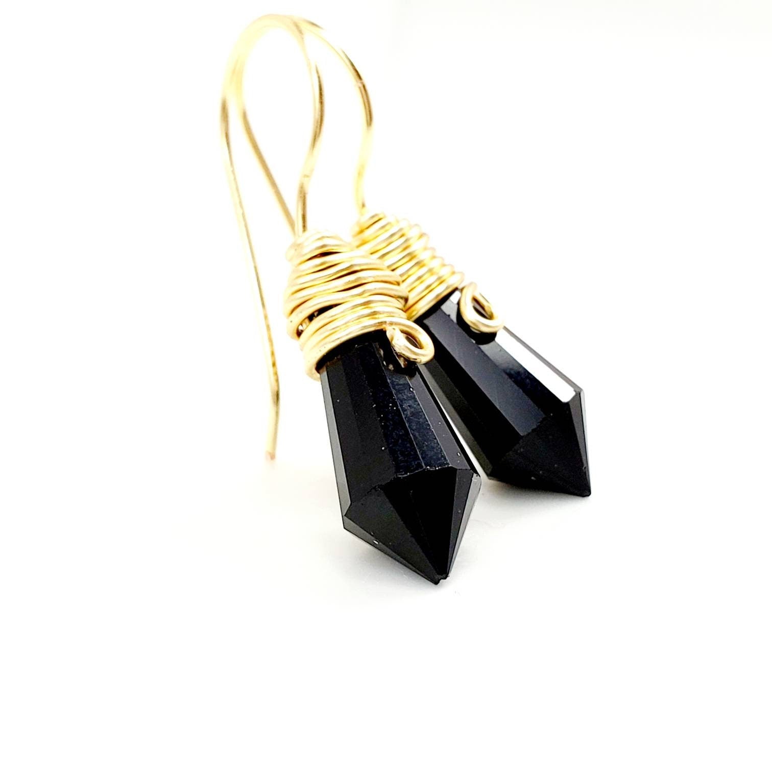Black Pendulum Wire Wrapped Earring, Black Earrings, Black Crystal Earrings, Wirewrapped jewelry, Small crystal earrings, Bday gifts for her, healing