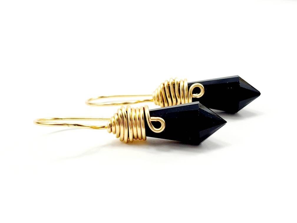 Black Pendulum Wire Wrapped Earring, Black Earrings, Black Crystal Earrings, Wirewrapped jewelry, Small crystal earrings, Bday gifts for her, healing