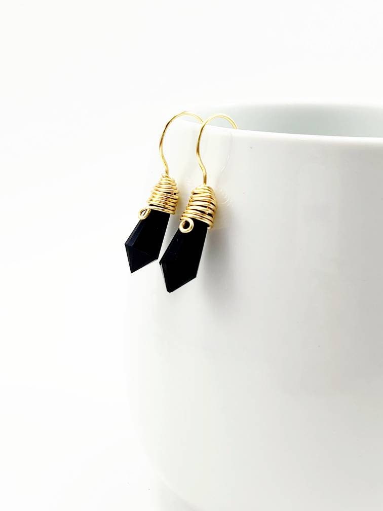 Black Pendulum Wire Wrapped Earring, Black Earrings, Black Crystal Earrings, Wirewrapped jewelry, Small crystal earrings, Bday gifts for her, healing