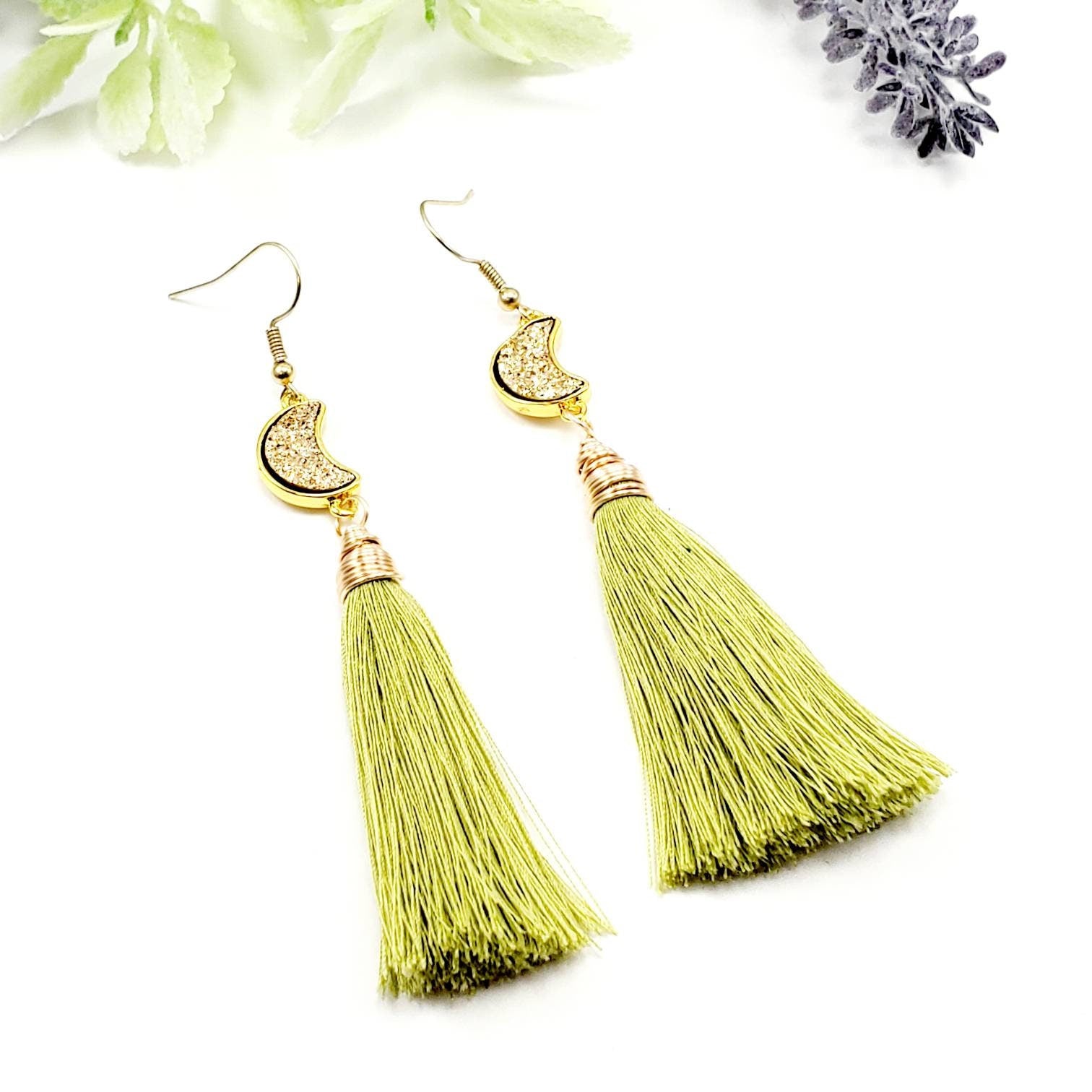 Moon phase earrings, Simple tassel, Lunar earrings, colorful tassels, Druzy earrings, single tassel, CRESCENT MOON Earrings, cheer earrings