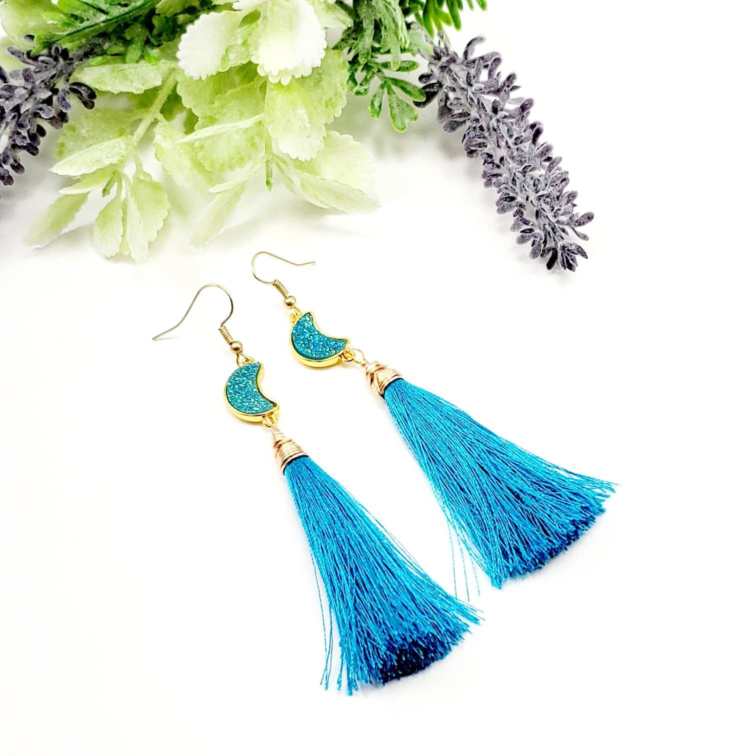 Moon phase earrings, Simple tassel, Lunar earrings, colorful tassels, Druzy earrings, single tassel, CRESCENT MOON Earrings, cheer earrings