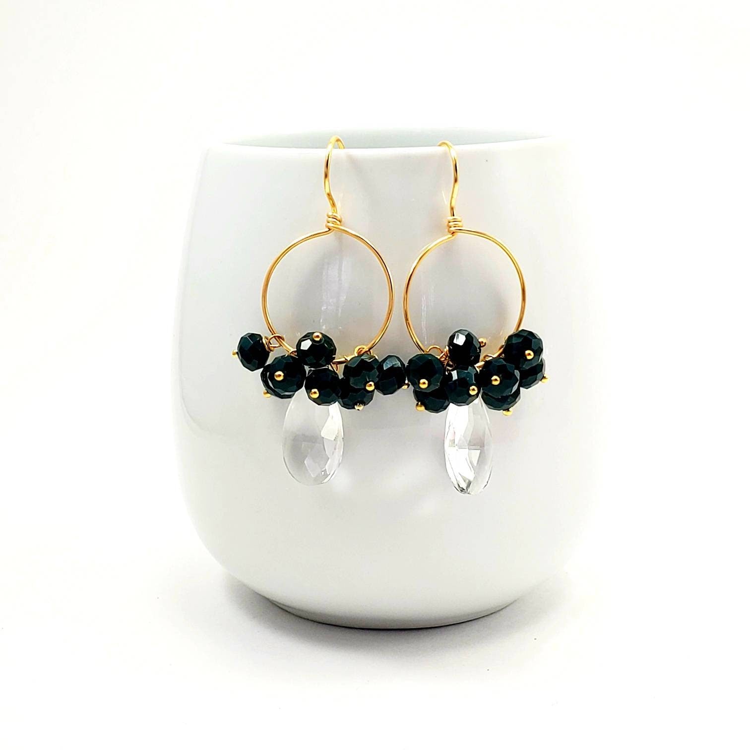 Gold Filled Wire Wrapped Crystal Huggies, Hypoallergenic Minimalist Gold Hoop Earrings, Hoop Earrings With Charm, hoop earrings with stones
