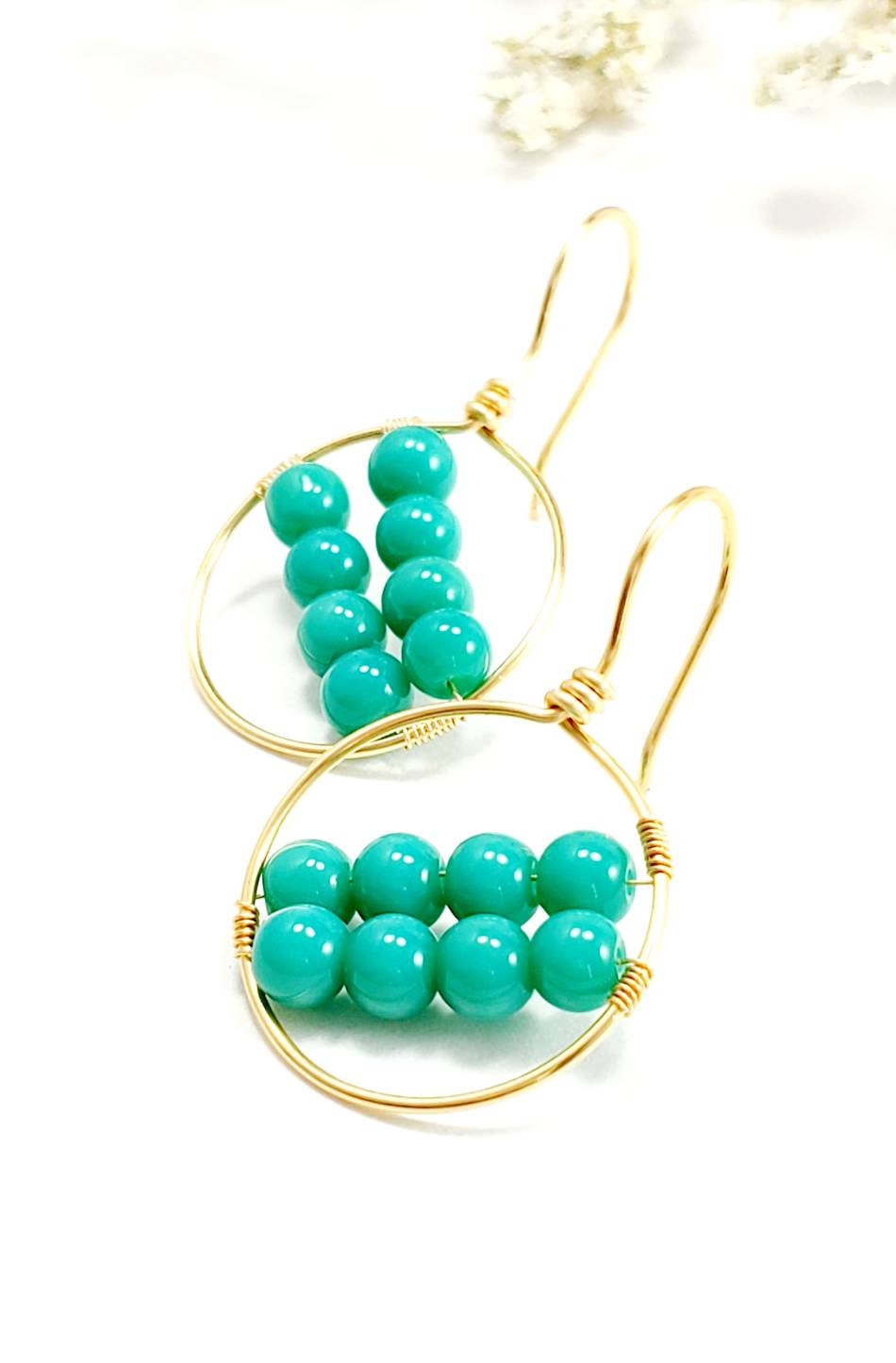 Green Hoop Earrings, Beaded Hoop Earrings, Dainty hoop earrings, Gold hoop earrings, Boho Beaded Hoop Earrings,Bright Beaded Hoop