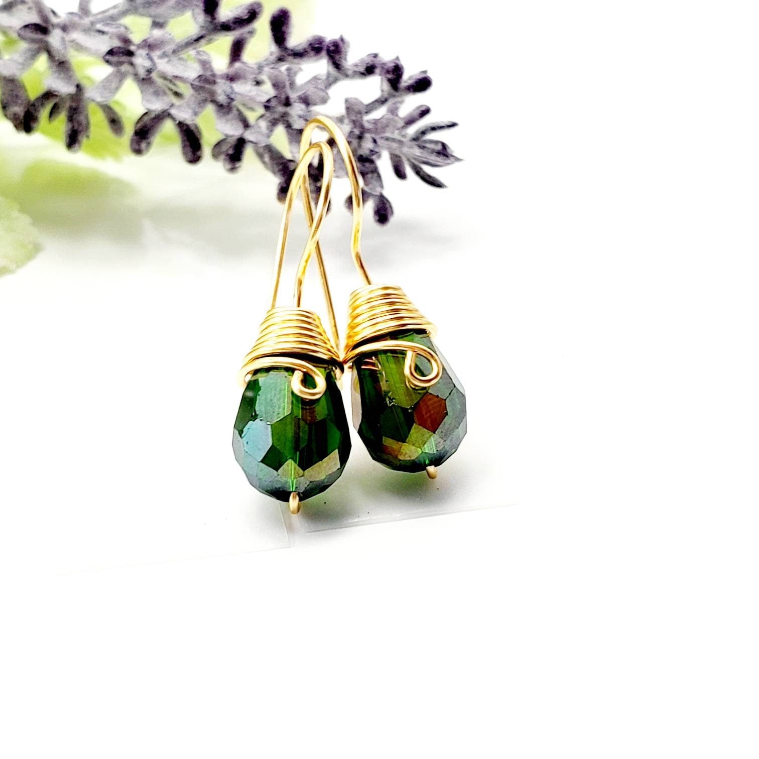 Tiny drop earrings, Teardrop earrings,Raw crystal earrings, Dark green earrings, Unusual earrings, Boho bride earrings, Wedding earrings