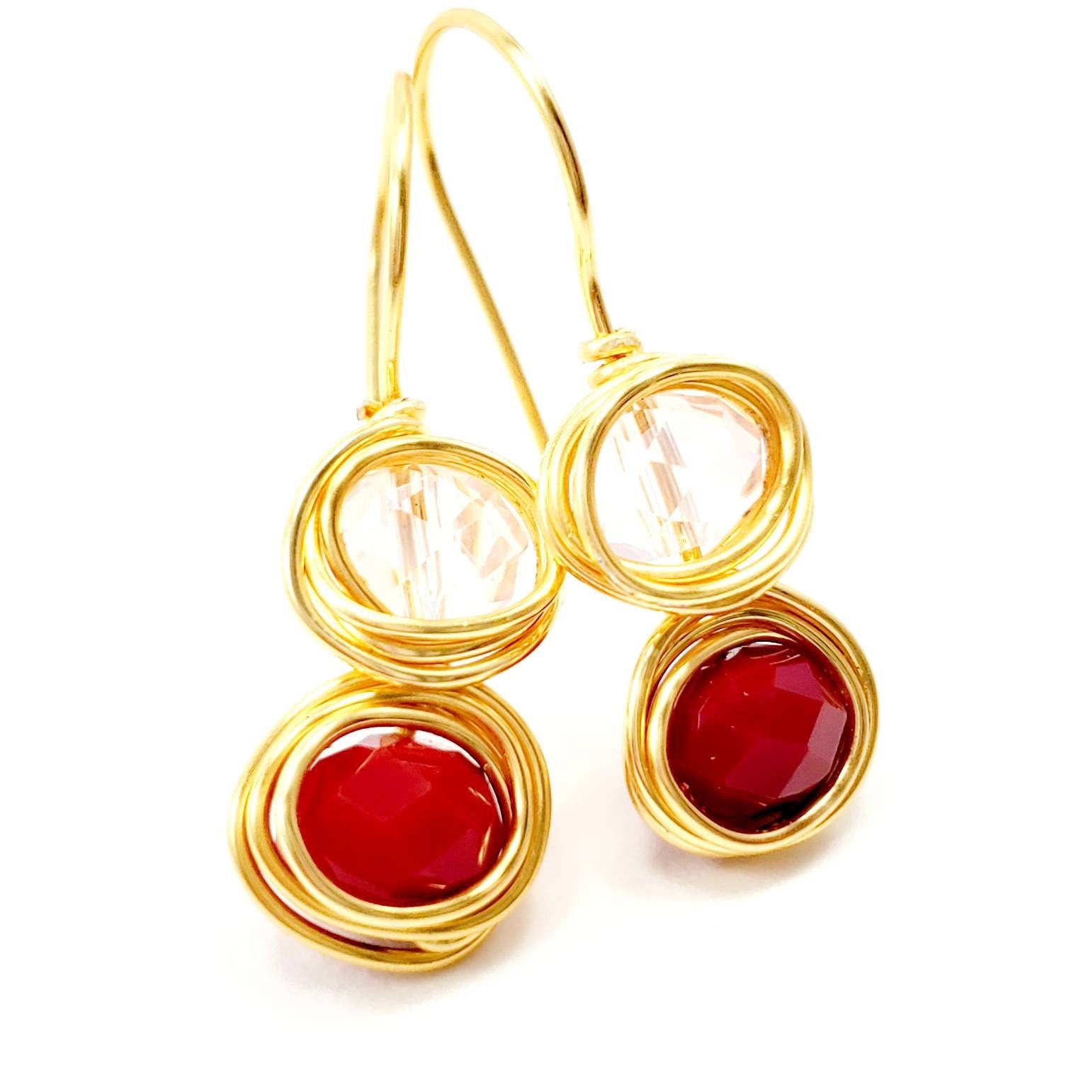 Red Crystal Earrings Dangle, Drop earrings for women, Drop earrings wedding, Modern earrings handmade, Valentines day  jewelry