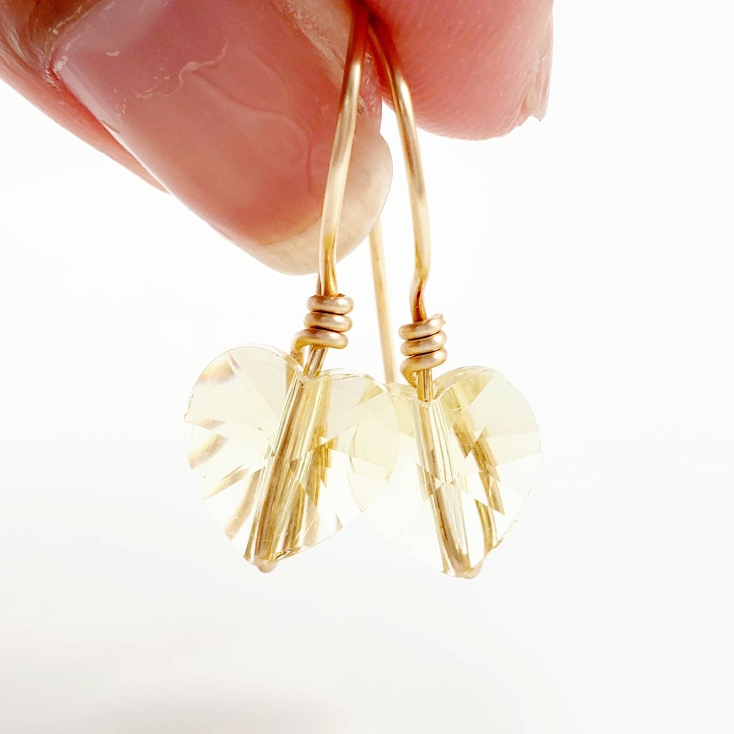 Heart earrings dangle, Small crystal heart, tiny heart earrings, Heart crystal earrings, Dainty heart earrings, gold filled earrings