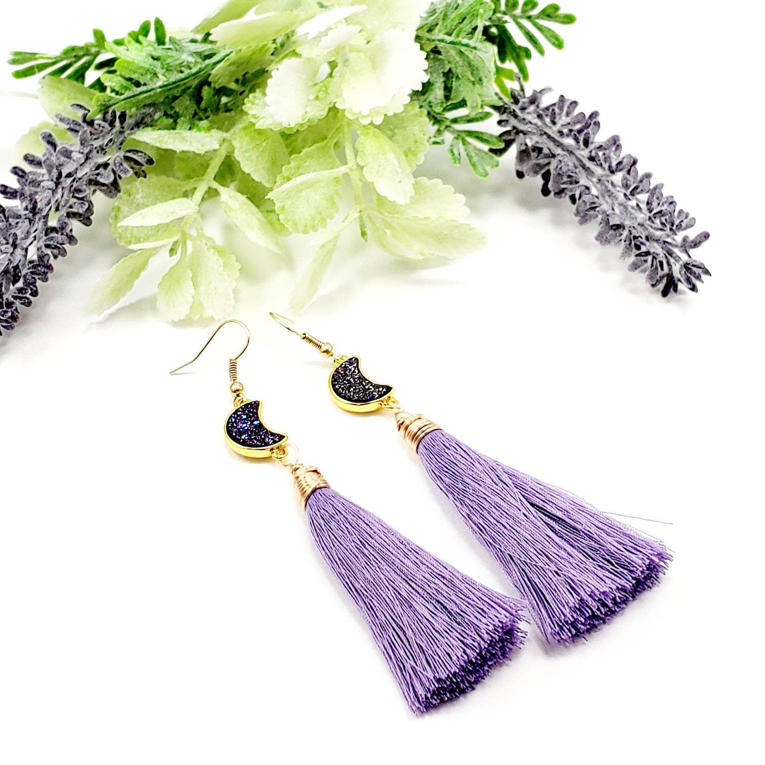 Moon phase earrings, Simple tassel, Lunar earrings, colorful tassels, Druzy earrings, single tassel, CRESCENT MOON Earrings, cheer earrings