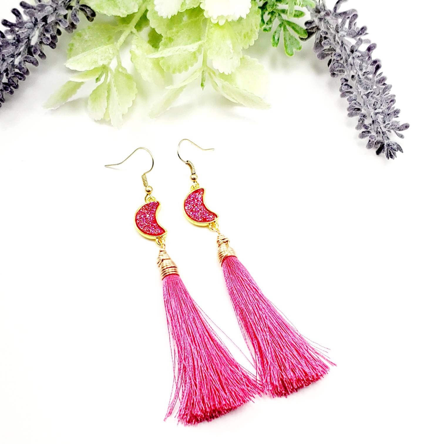 Moon phase earrings, Simple tassel, Lunar earrings, colorful tassels, Druzy earrings, single tassel, CRESCENT MOON Earrings, cheer earrings