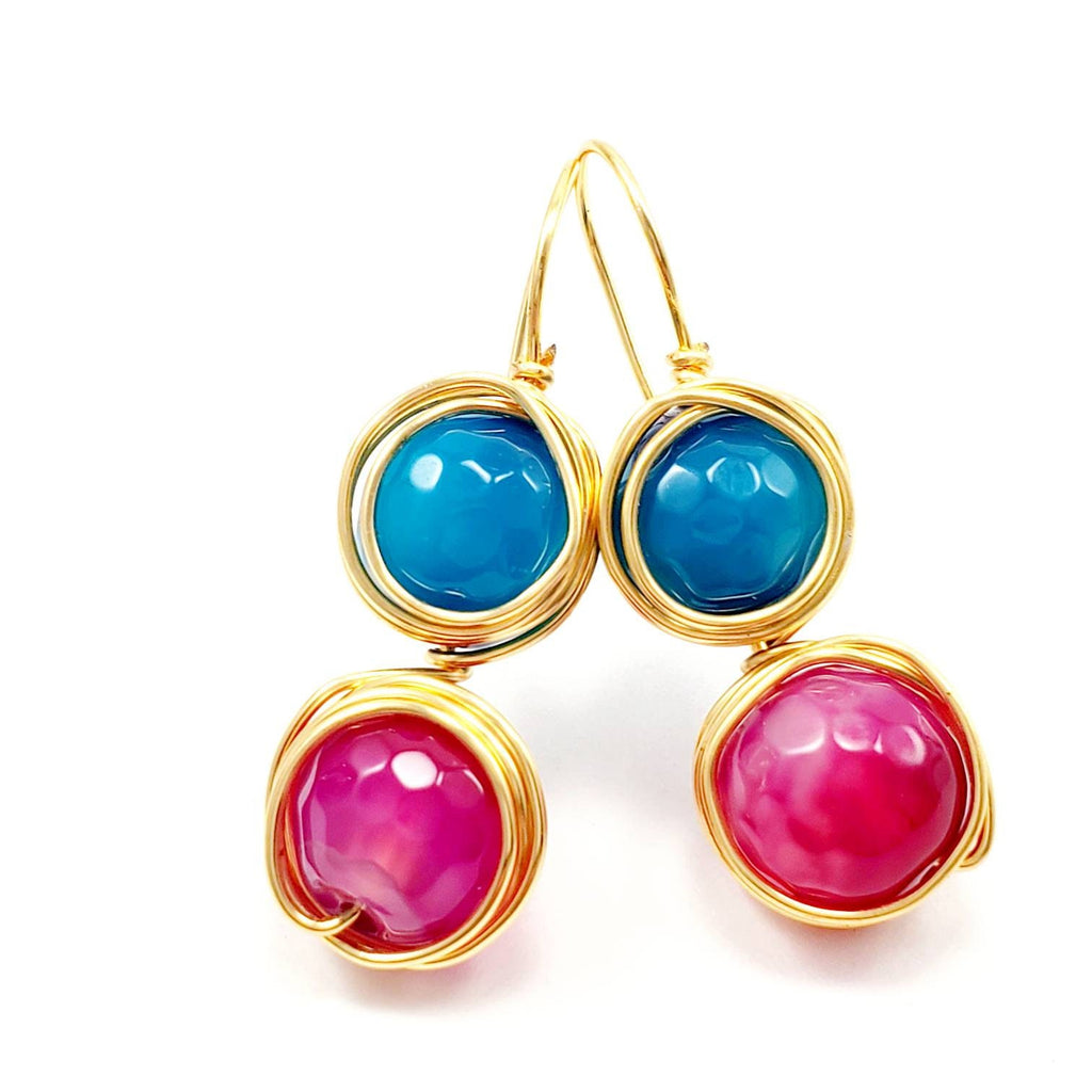 Agate Drop Earrings, Blue Pink Agate Earrings, Natural Agate Earrings, Hot Pink agate Earrings, statement earrings, festival jewelry