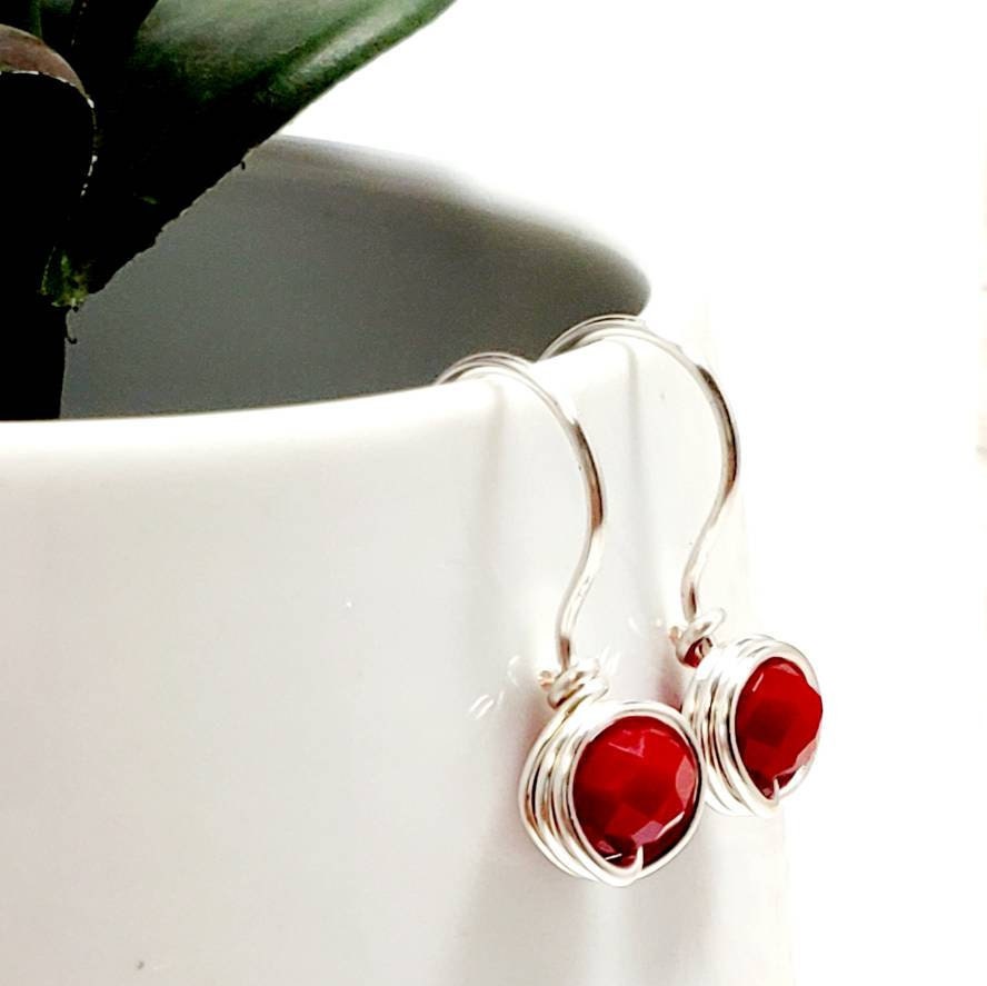 Red Drop Earrings, crystal huggie earrings, minimalist dainty earring, Small Crystal earrings, dainty tiny earrings, dainty earrings huggie