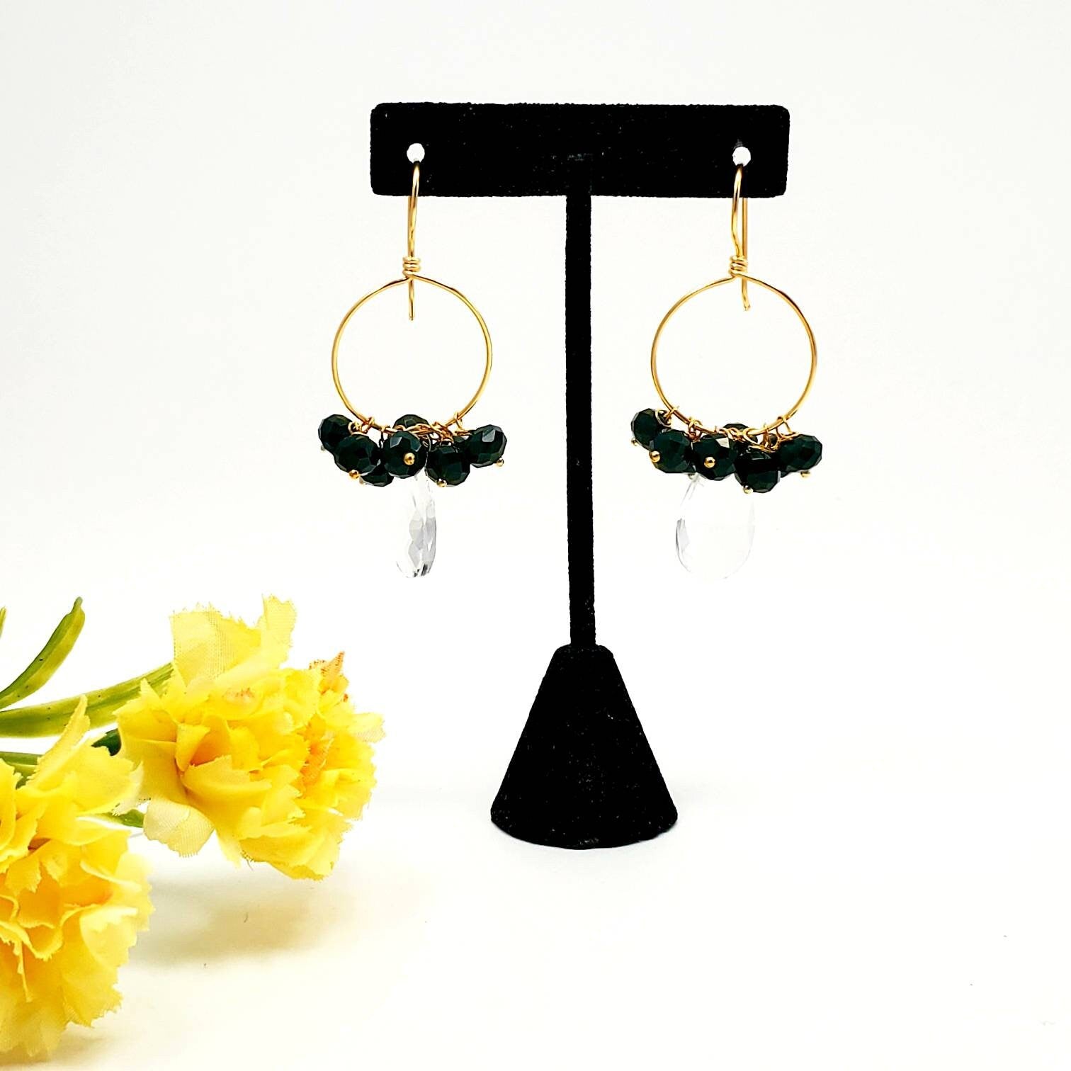 Gold Filled Wire Wrapped Crystal Huggies, Hypoallergenic Minimalist Gold Hoop Earrings, Hoop Earrings With Charm, hoop earrings with stones