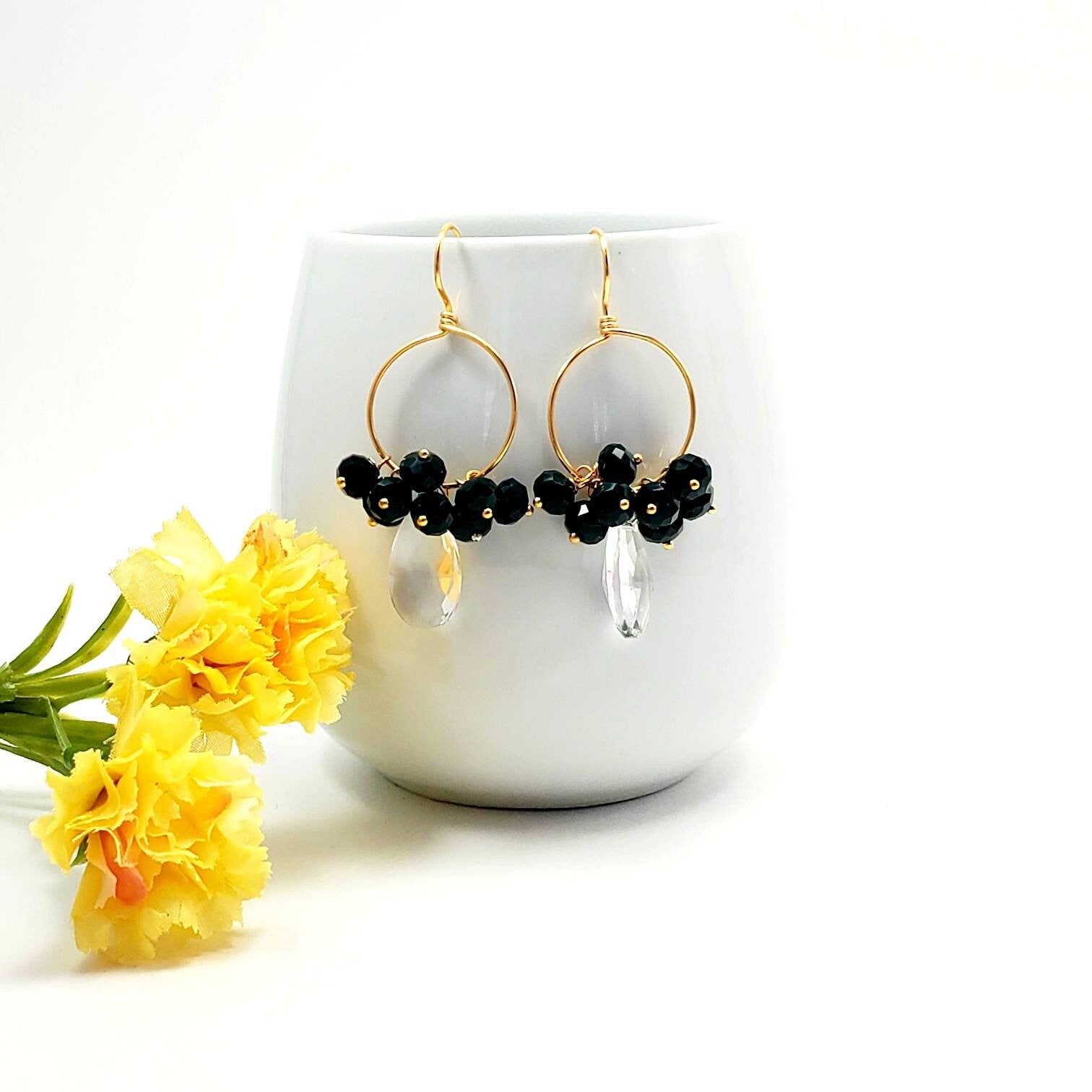 Gold Filled Wire Wrapped Crystal Huggies, Hypoallergenic Minimalist Gold Hoop Earrings, Hoop Earrings With Charm, hoop earrings with stones