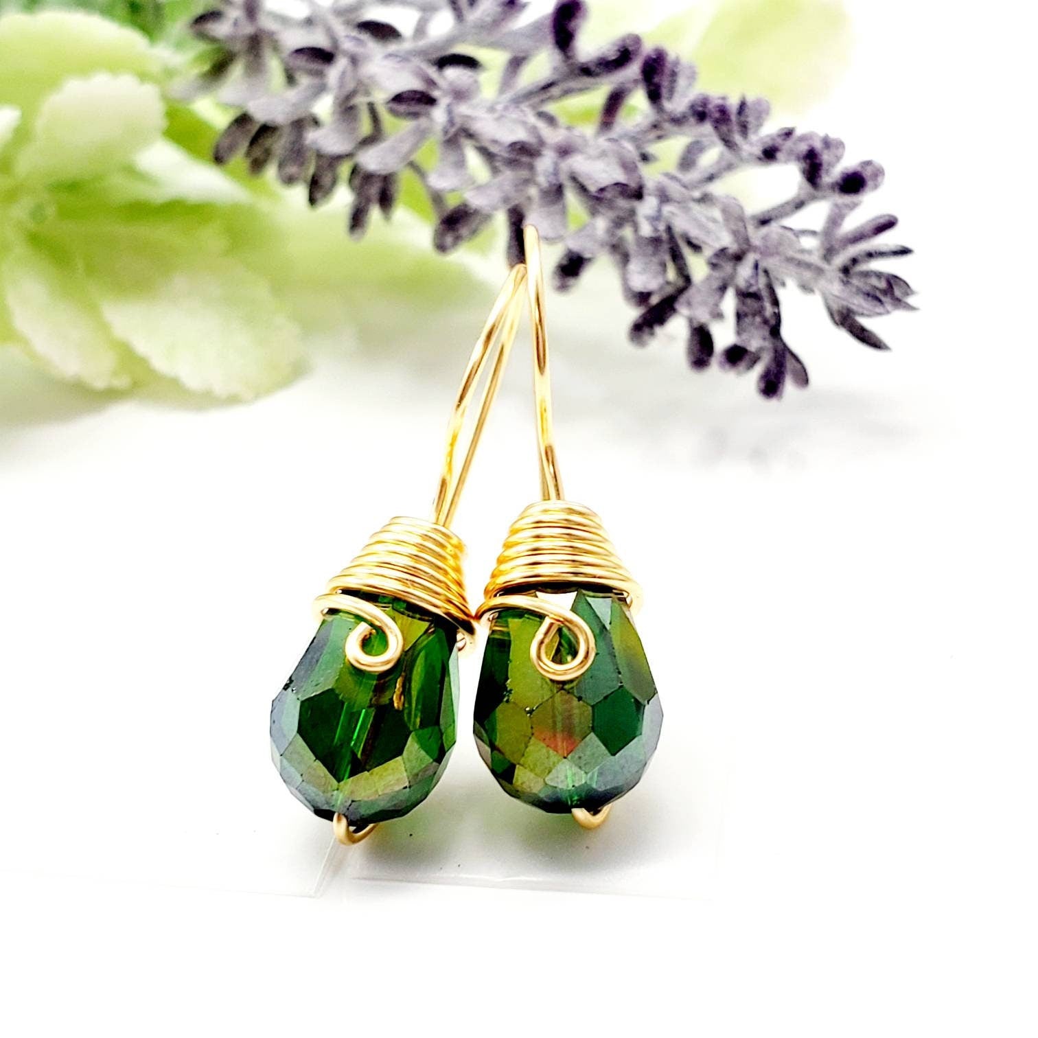 Tiny drop earrings, Teardrop earrings,Raw crystal earrings, Dark green earrings, Unusual earrings, Boho bride earrings, Wedding earrings