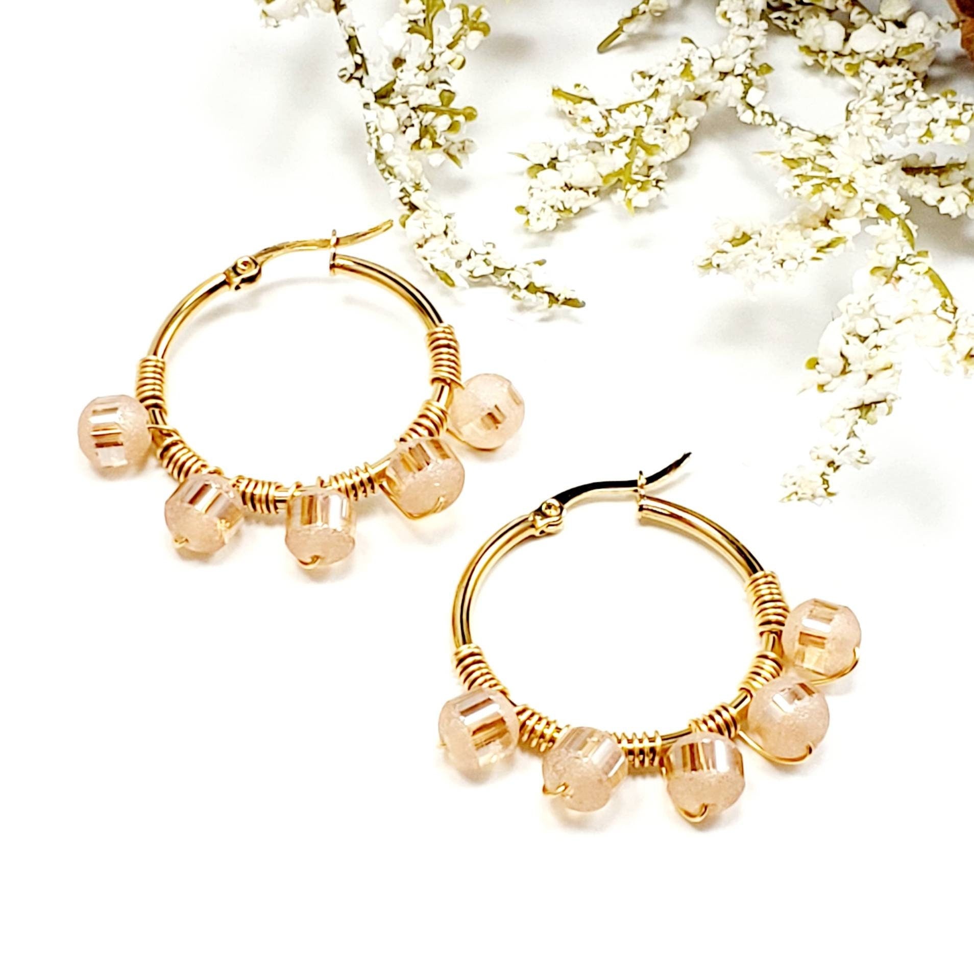 PEACH Crystal hoop earrings, Chunky hoop earrings, Unique hoop earrings, Gold chunky hoop earrings, Chunky geometric earrings