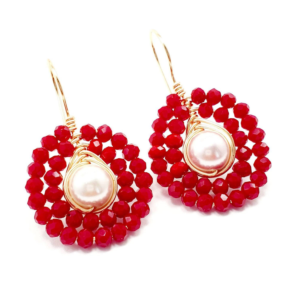 Red Pearl drop earrings, Real pearl earrings, Crystal and pearl drop earrings, Red Crystal dangle, Red crystal earrings, mothers day gift