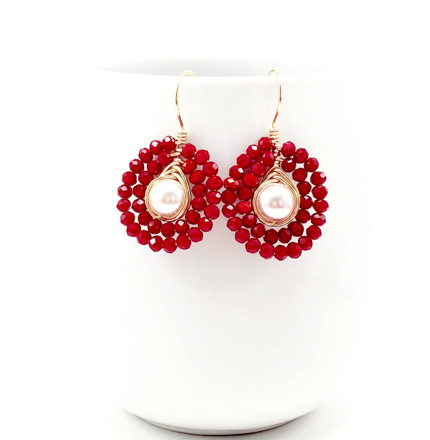 Red Pearl drop earrings, Real pearl earrings, Crystal and pearl drop earrings, Red Crystal dangle, Red crystal earrings, mothers day gift