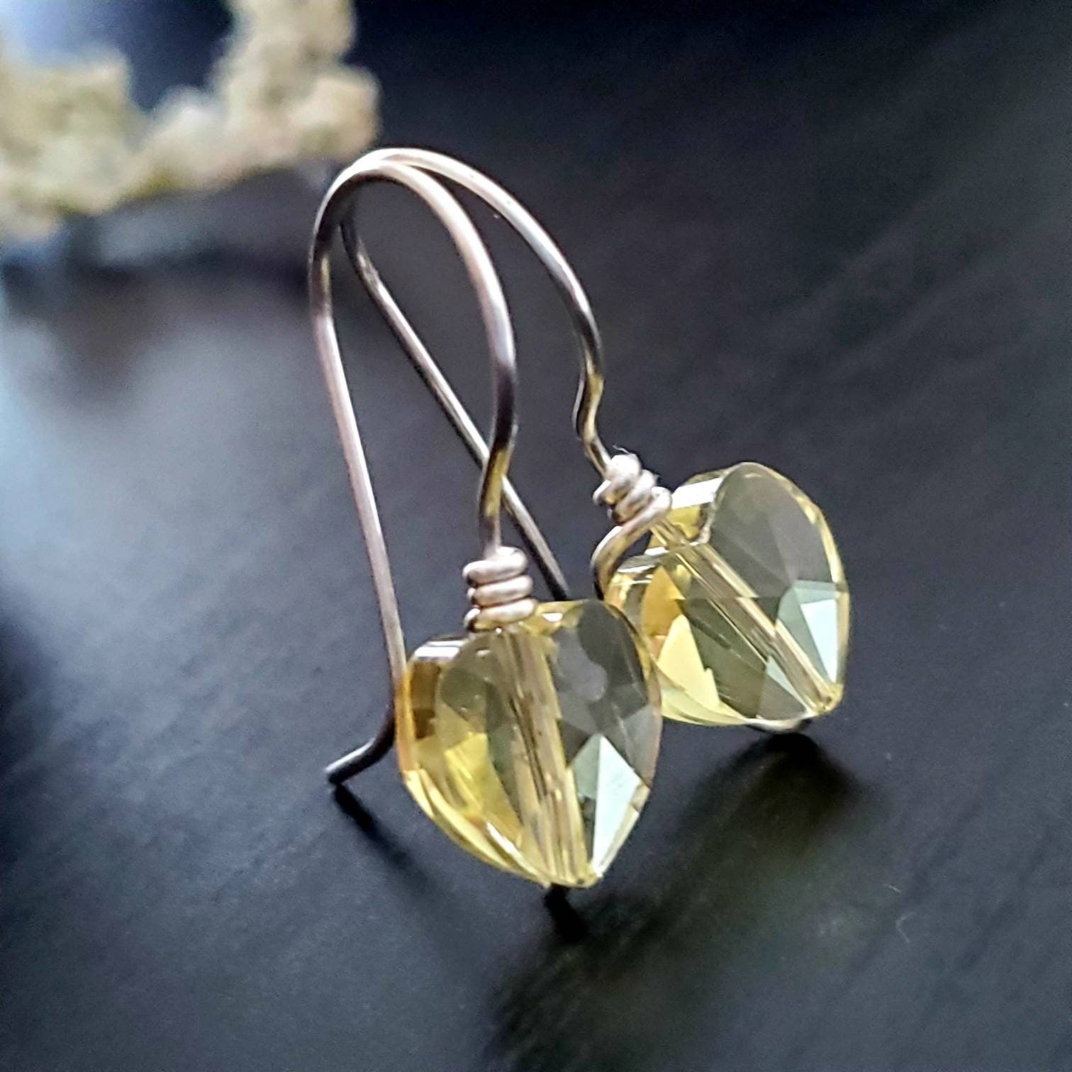 Heart earrings dangle, Small crystal heart, tiny heart earrings, Heart crystal earrings, Dainty heart earrings, gold filled earrings