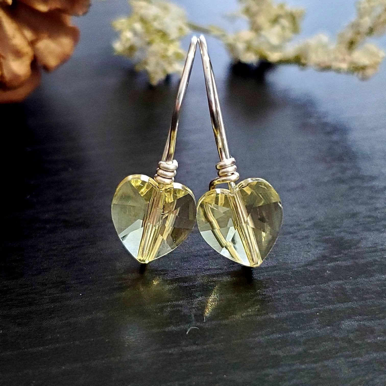 Heart earrings dangle, Small crystal heart, tiny heart earrings, Heart crystal earrings, Dainty heart earrings, gold filled earrings