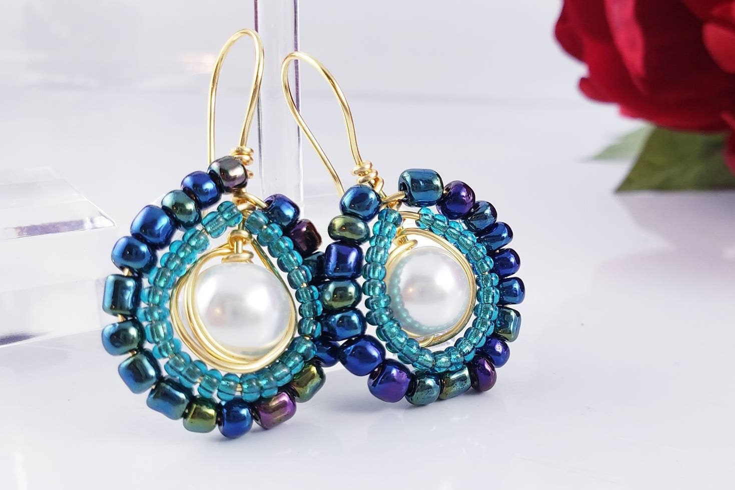 Seed bead earrings, Pearl beads earrings, pearl earrings drop, Pearl bead earrings boho, Bead earrings dangle, Seedbead handmade