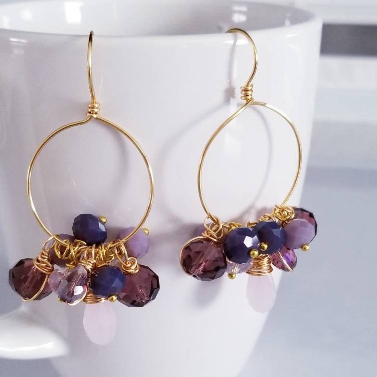 Pink Purple Hoop crystal Earrings, Thin Hoop Earrings, Raw Crystal Earrings, Large Hoop Earrings, Gold Filled Hoop Earrings, gift personally