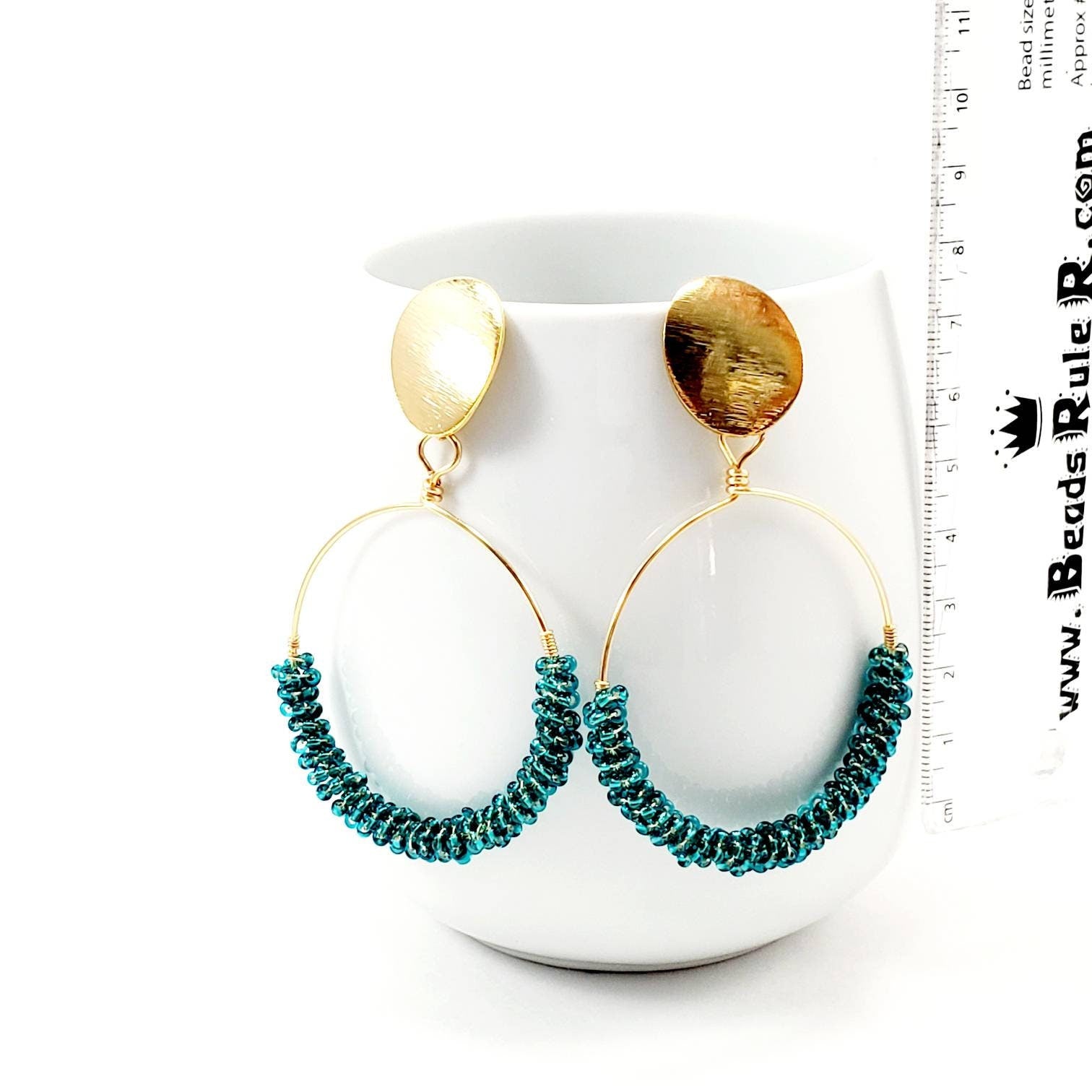 Green Beaded hoop earrings, Thick gold hoop earrings, Large Beaded Hoop Earrings, Chunky hoops earrings, Beaded hoop earrings boho,Big Hoops