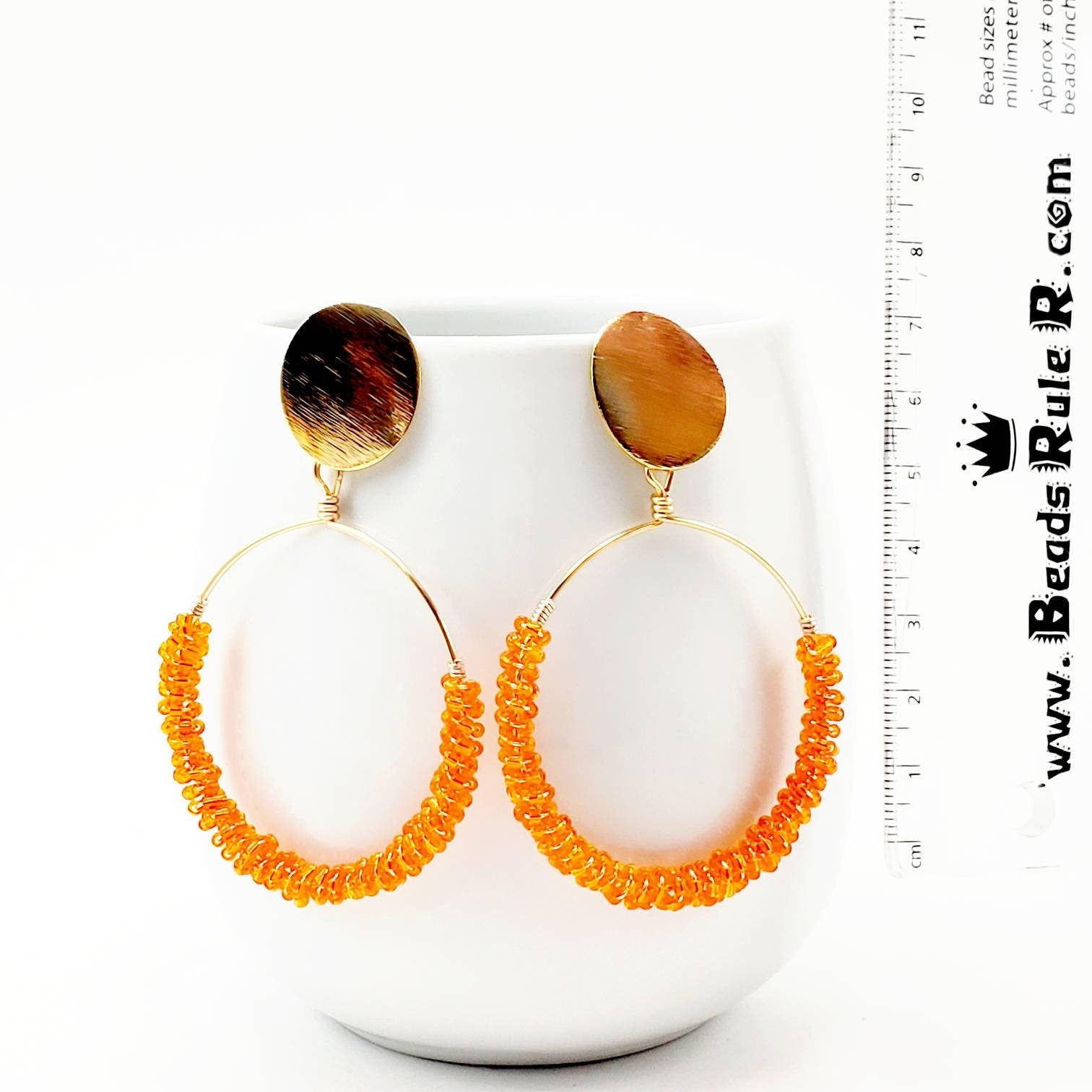 Orange Beaded Hoop earrings, Orange gold  hoop Earrings, Thick hoop earrings, Chunky hoop earrings, Large beaded hoop earrings