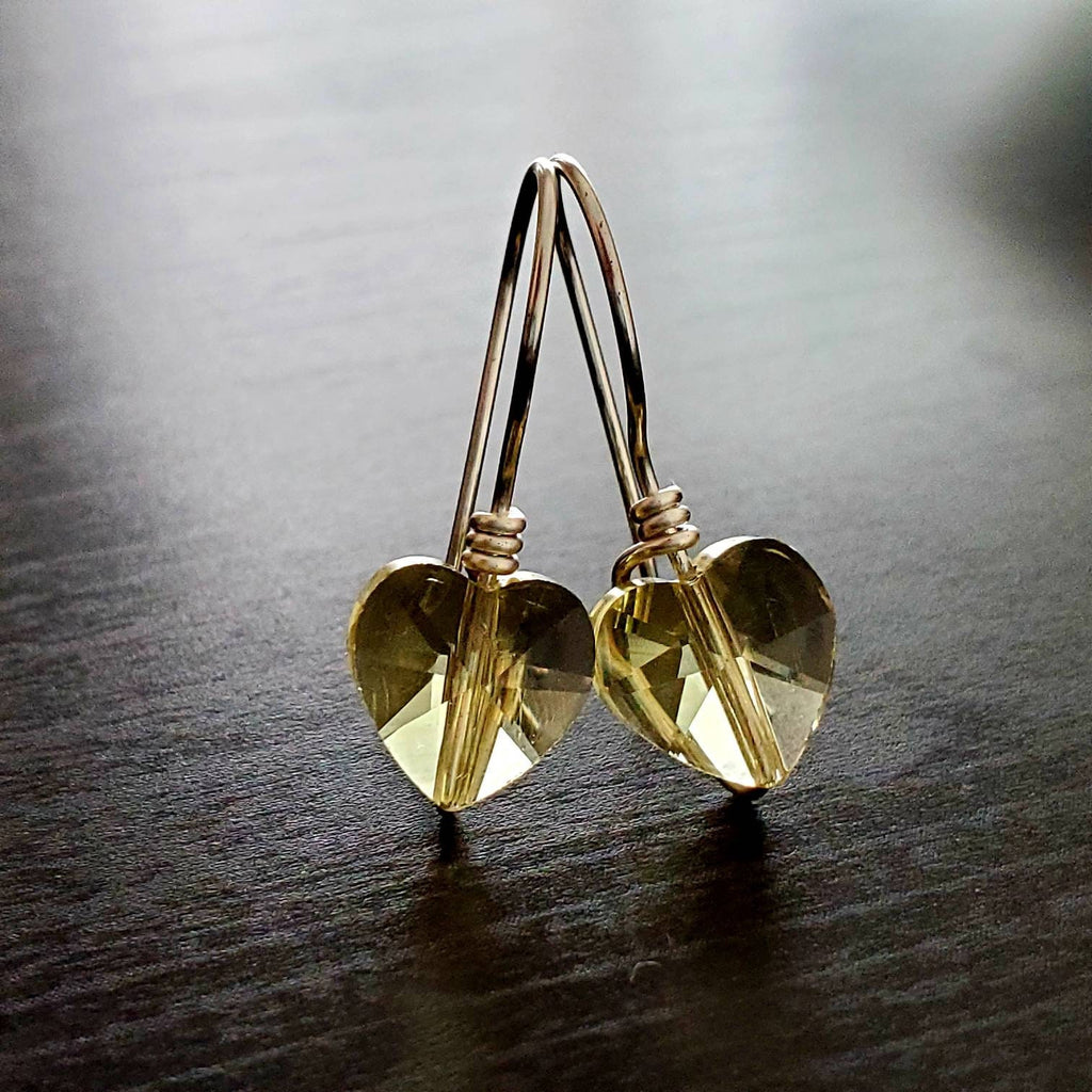 Heart earrings dangle, Small crystal heart, tiny heart earrings, Heart crystal earrings, Dainty heart earrings, gold filled earrings