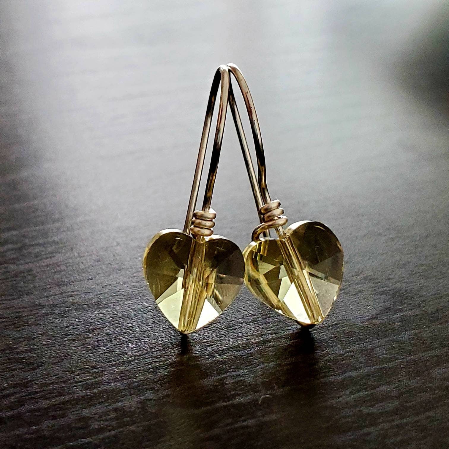 Heart earrings dangle, Small crystal heart, tiny heart earrings, Heart crystal earrings, Dainty heart earrings, gold filled earrings