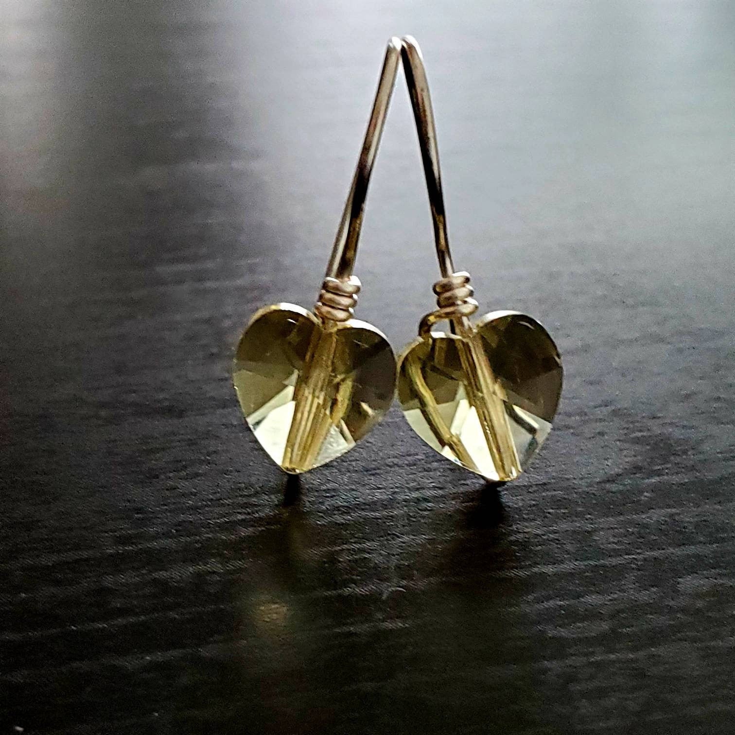 Heart earrings dangle, Small crystal heart, tiny heart earrings, Heart crystal earrings, Dainty heart earrings, gold filled earrings