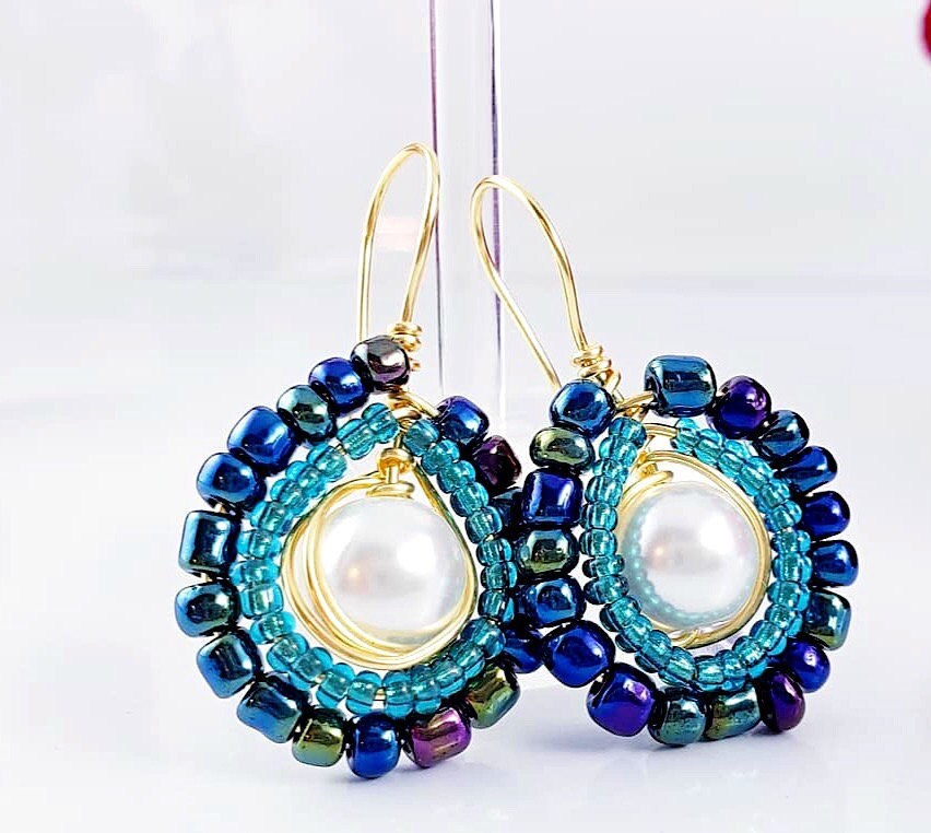 Seed bead earrings, Pearl beads earrings, pearl earrings drop, Pearl bead earrings boho, Bead earrings dangle, Seedbead handmade