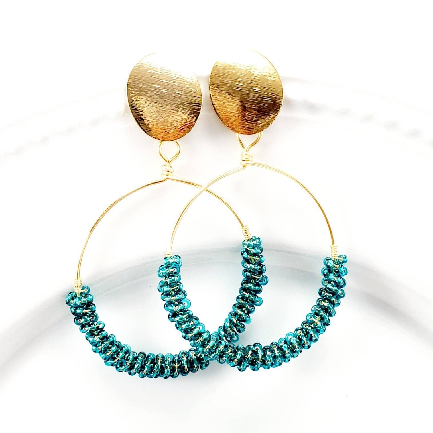 Green Beaded hoop earrings, Thick gold hoop earrings, Large Beaded Hoop Earrings, Chunky hoops earrings, Beaded hoop earrings boho,Big Hoops