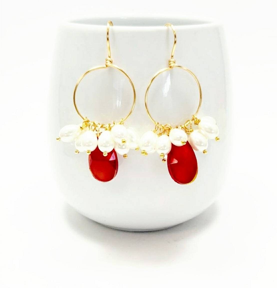 Pearl hoop earrings gold, Dangling Pearl Hoops, Thin gold hoops, Crystal hoop earrings, gifted earrings valentine's gift