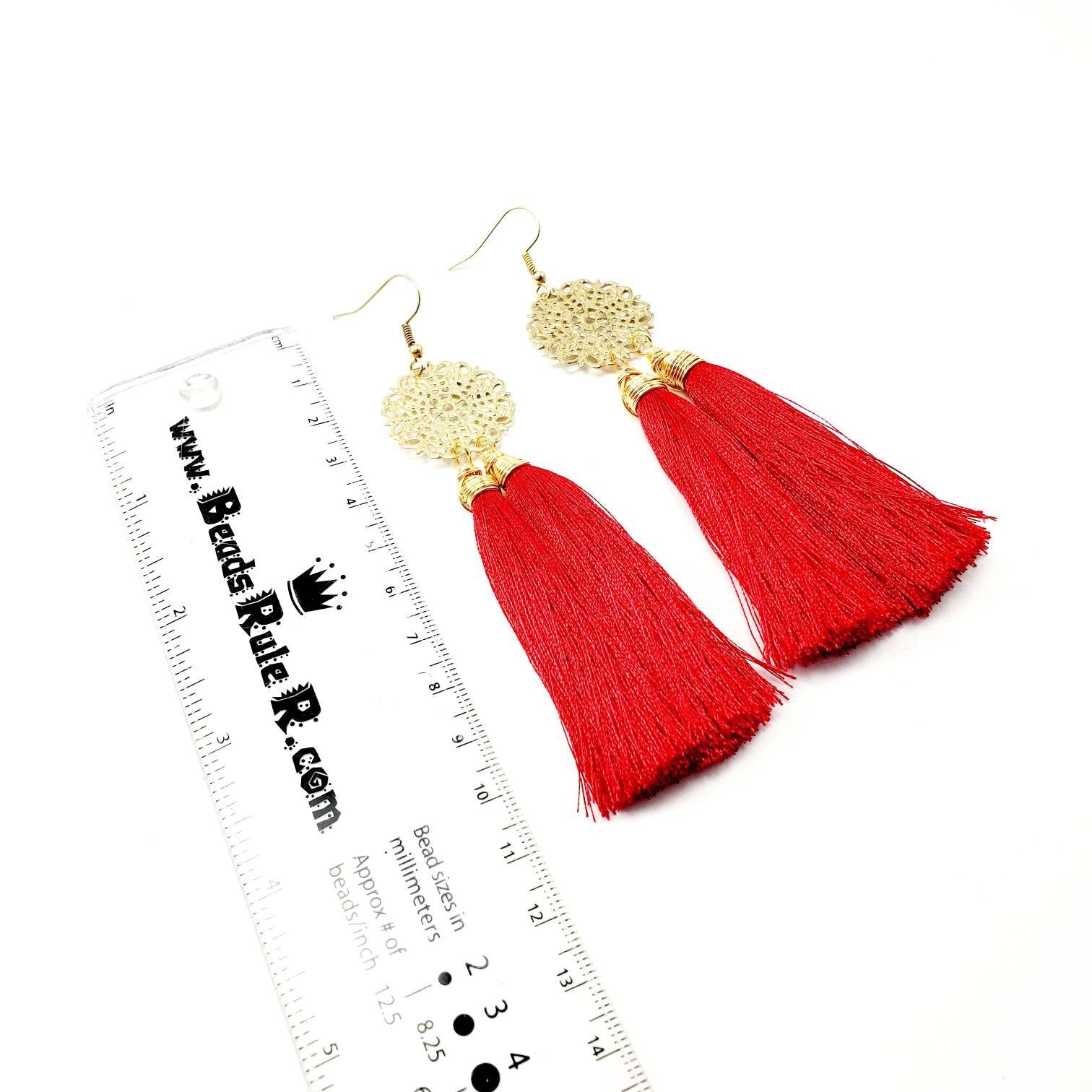 Red Tassel earrings, Long tassel earrings handmade, Boho tassel earrings, Statement Tassel earrings,Unique tassel earrings,Bohemian Earrings